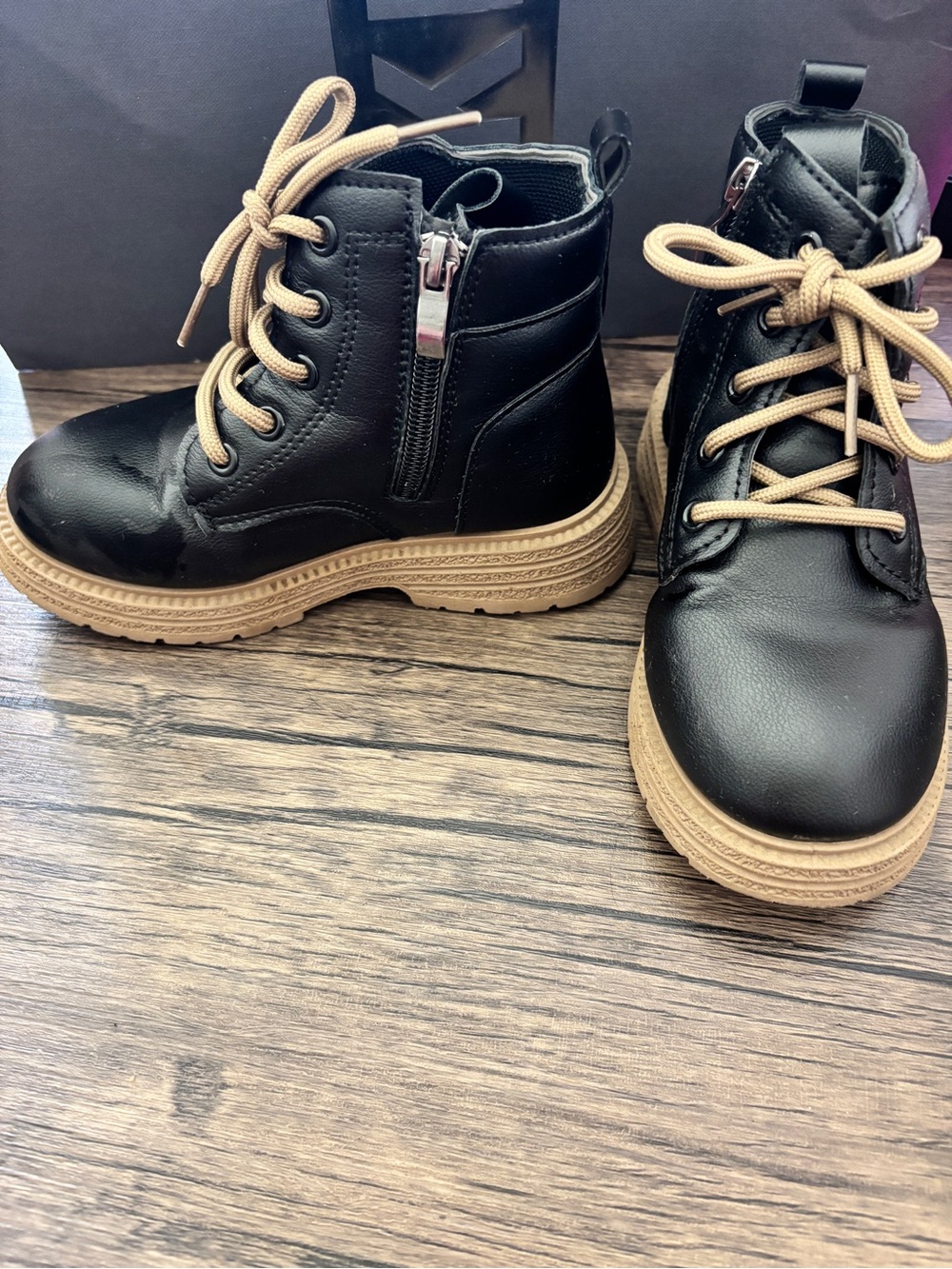 SHEIN Black Kids Lace-Up Combat Boots with Tan Soles